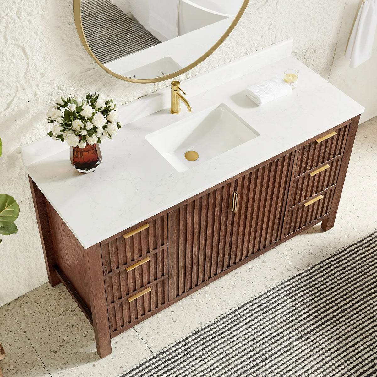 Countertop close view of a 60-inch Aged Dark Brown Oak vanity with a stone-composite top and ceramic undermount basin