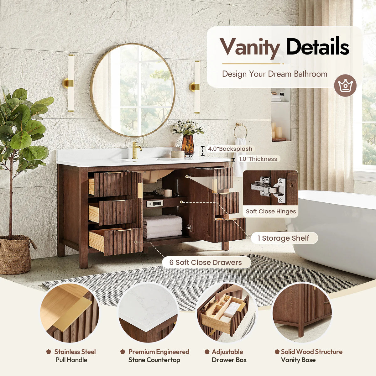 Measured callouts on a 60-inch Aged Dark Brown Oak cabinet: backsplash 4.0 in, top 1.0 in, plus soft-close drawers