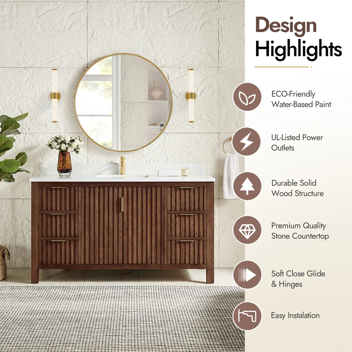 Highlights panel for the 60-inch Aged Dark Brown Oak single vanity: eco-friendly paint and a solid wood build