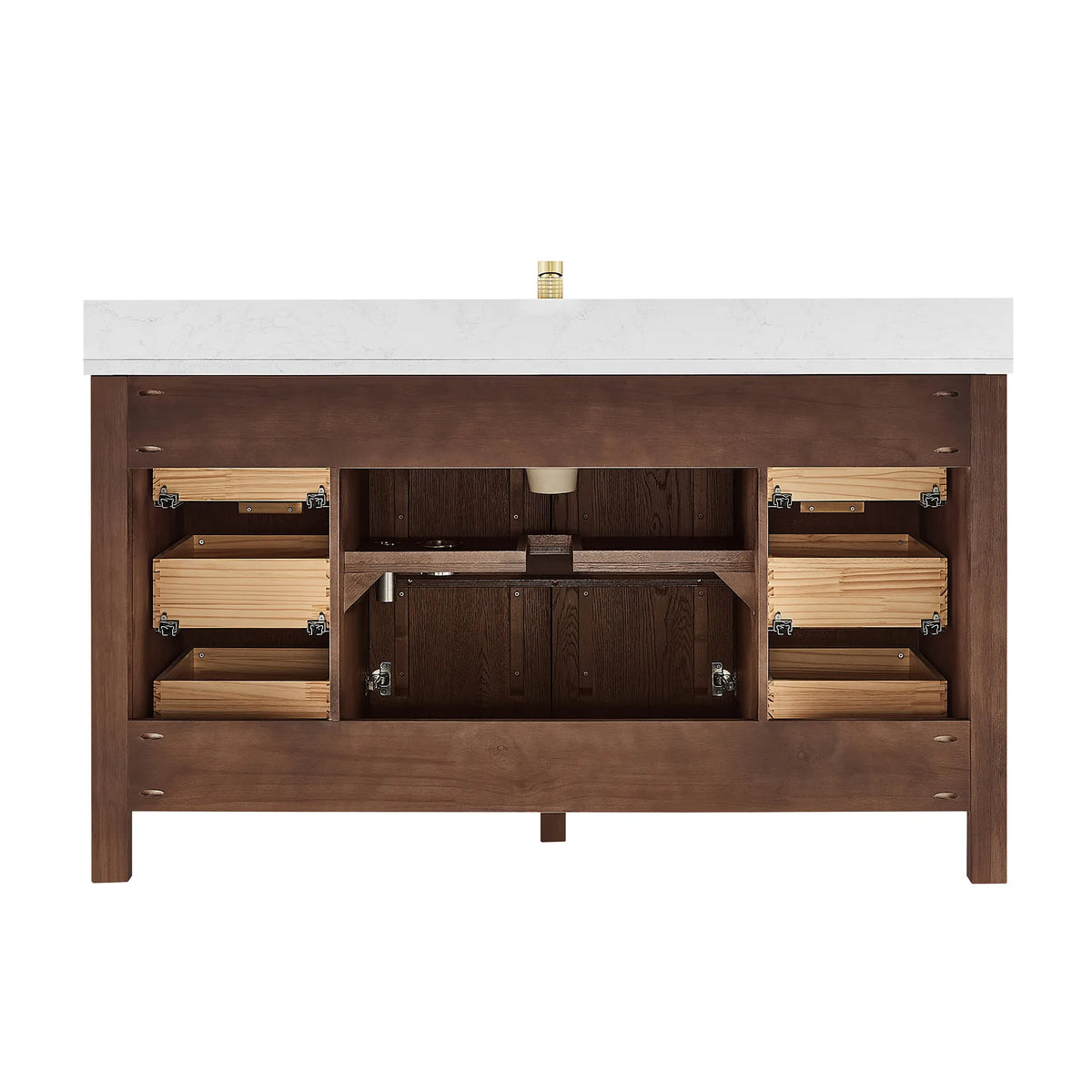 Open-front studio shot: drawer boxes and cabinet space of the 60-inch Aged Dark Brown Oak single vanity