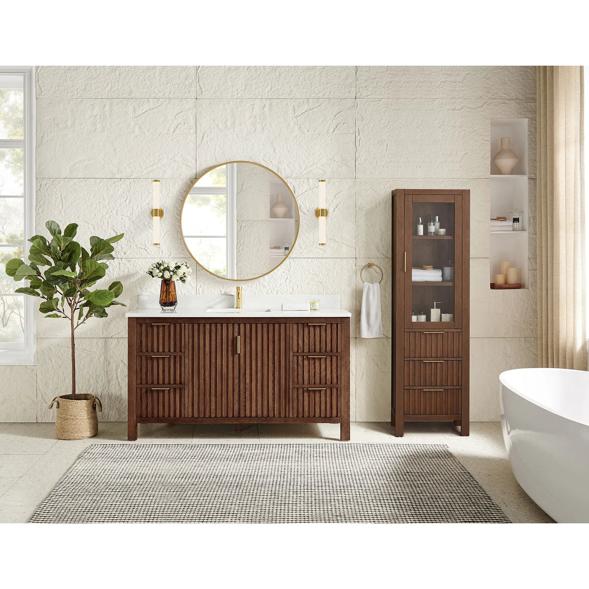 Tall cabinet with a see-through door beside the 60-inch Aged Dark Brown Oak vanity; the cabinet is not included