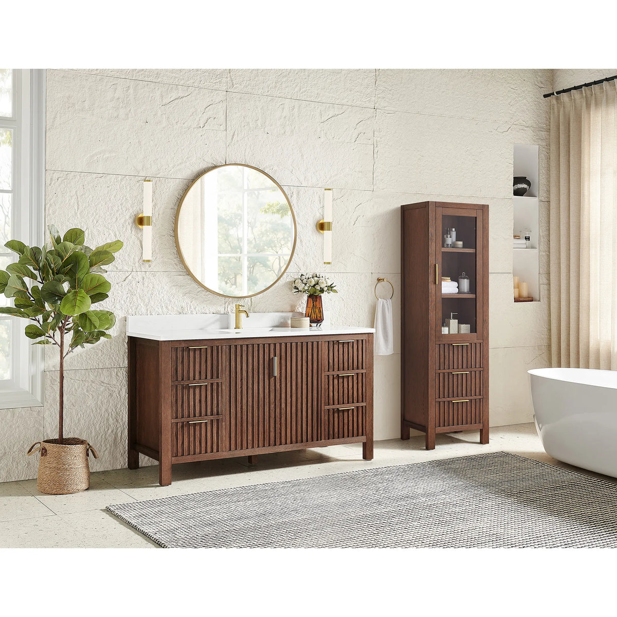 Sunlit bathroom, 60-inch single vanity in Aged Dark Brown Oak, the extra tall cabinet shown is not part of the product