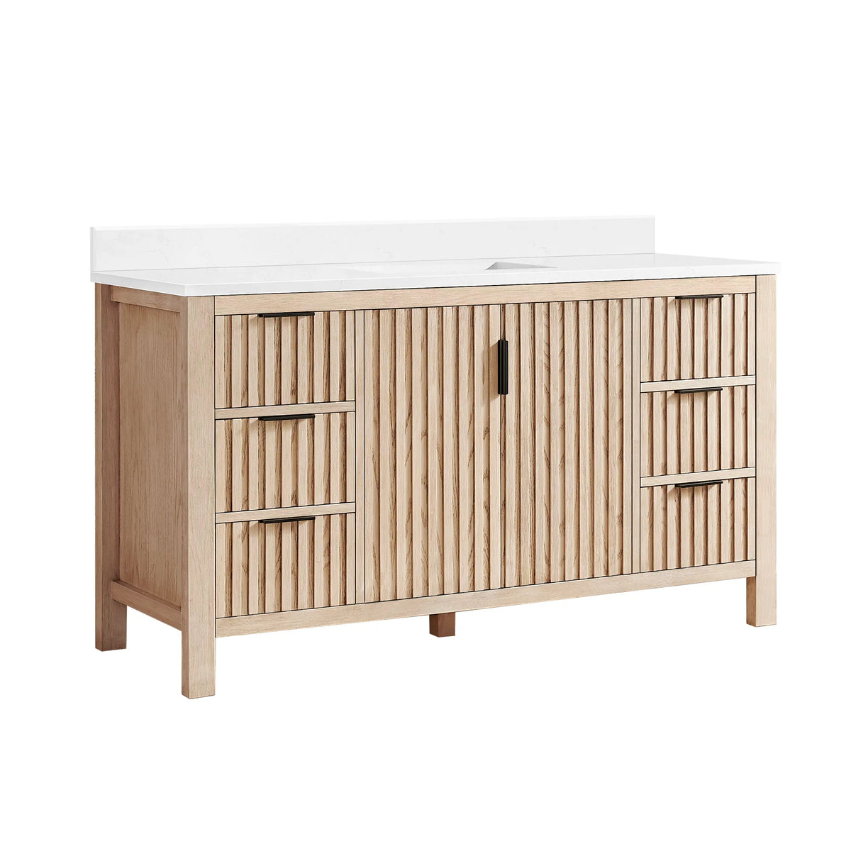 Studio view of an Aged Natural Oak single bathroom vanity, 60-inch wide, with a white composite stone countertop