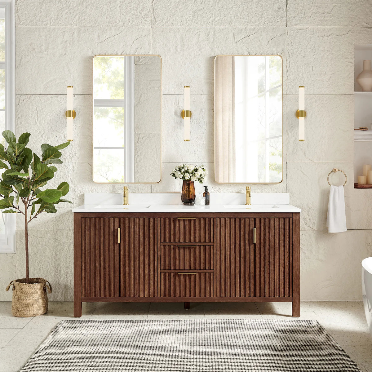 Two rectangular mirrors in gold frames hung over the 72-inch Aged Dark Brown Oak cabinet