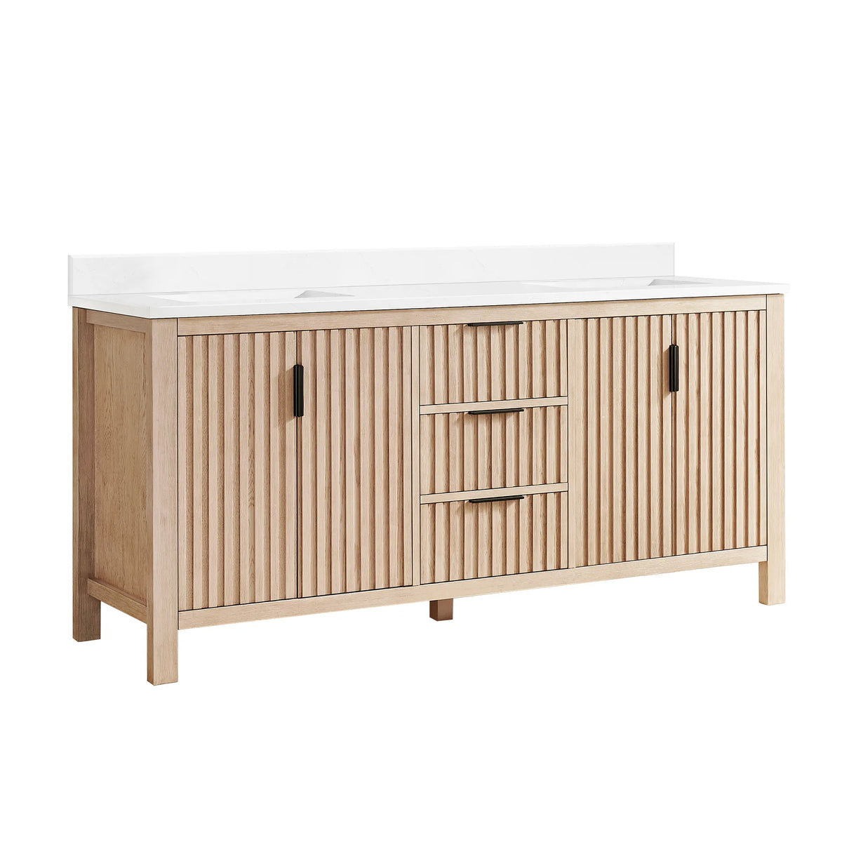 Studio view of an Aged Natural Oak double bathroom vanity, 72-inch wide, with a white composite stone countertop