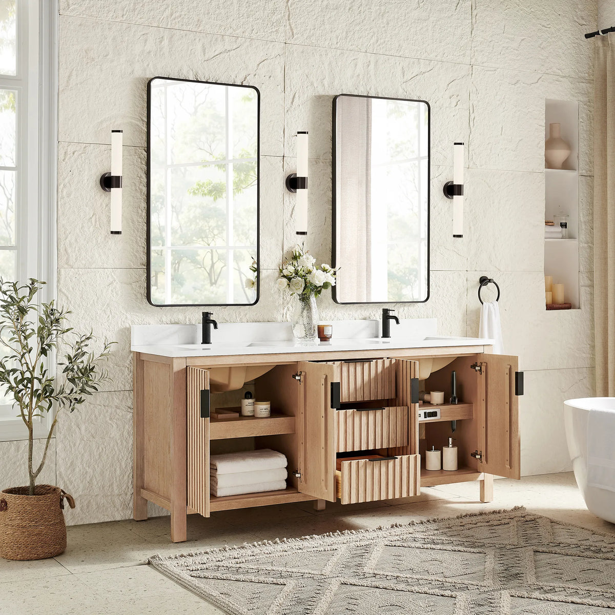 Storage on view in a staged room: 72-inch Aged Natural Oak cabinet with doors and drawers open