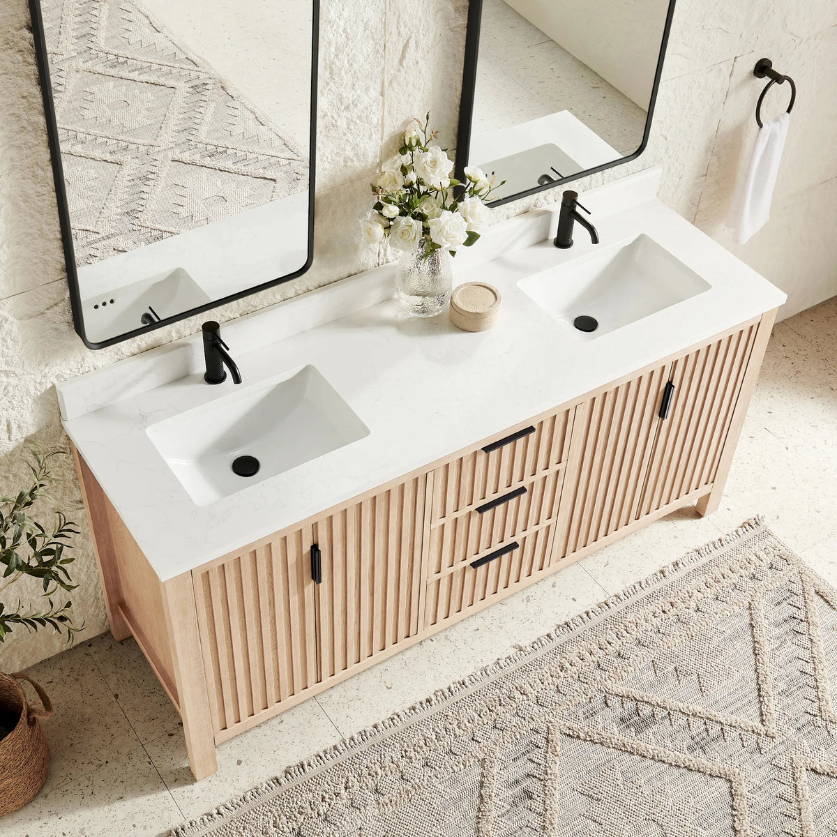 Countertop close view of a 72-inch Aged Natural Oak vanity with a double sink top in white composite stone