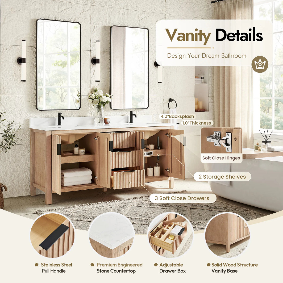 Parts diagram for the 72-inch Aged Natural Oak cabinet covering the adjustable drawer box and soft-close drawers