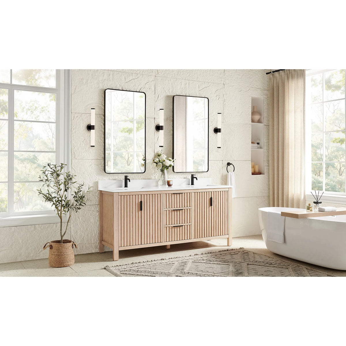 Bathroom with a soaking tub and large windows around the 72-inch Aged Natural Oak vanity with a legged base