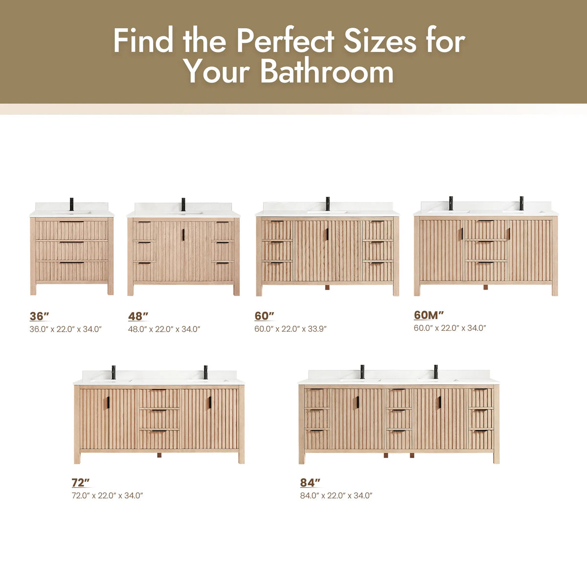 Size guide with the line's vanities in two rows, each labeled with its width, including this 72-inch size