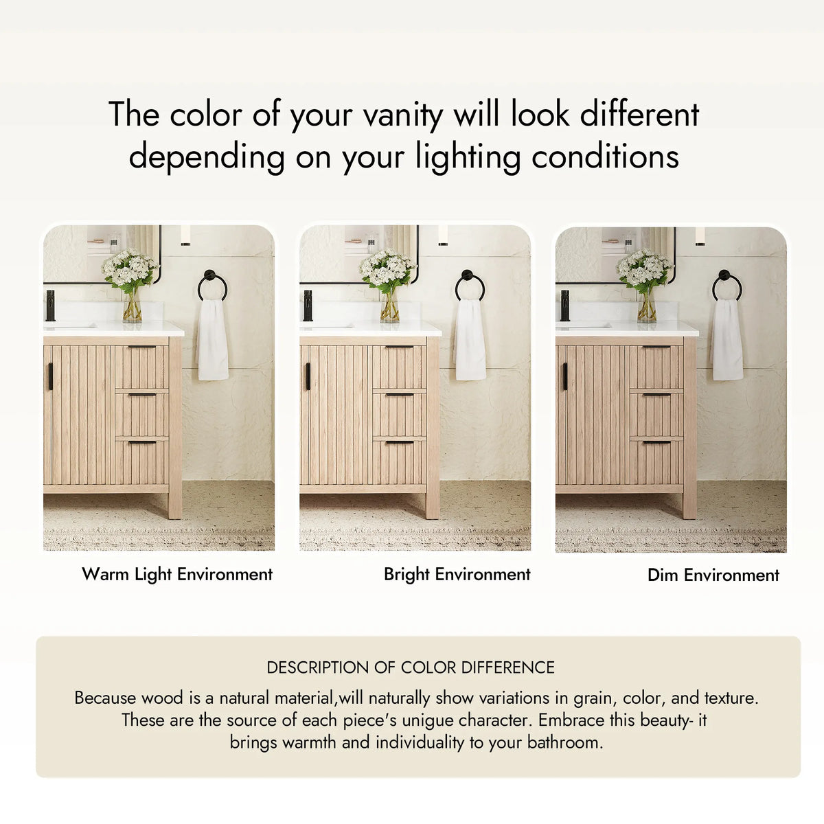 Text panel explaining that Aged Natural Oak wood looks different under different lighting