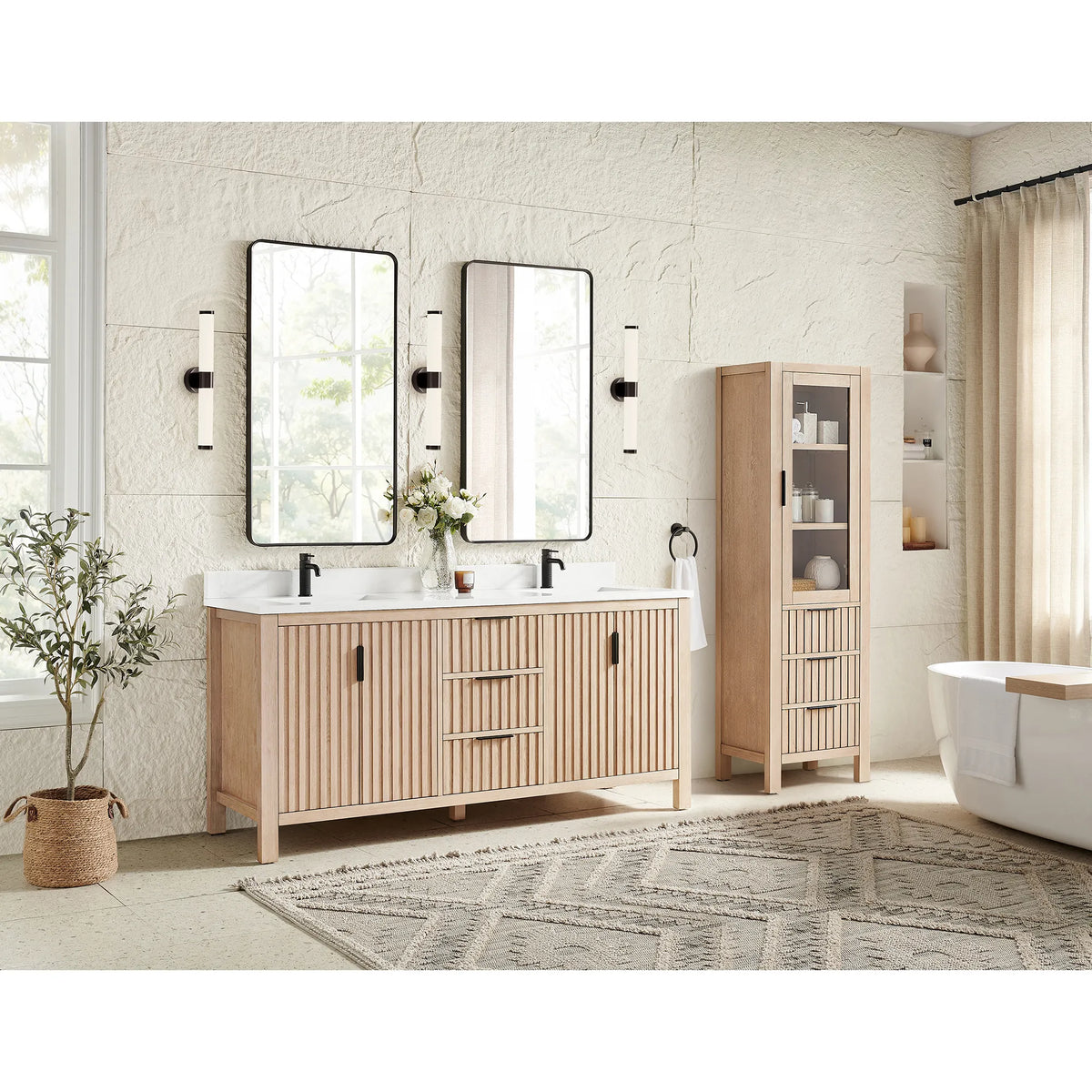 Second wide angle: 72-inch Aged Natural Oak vanity with a tall cabinet that is not included