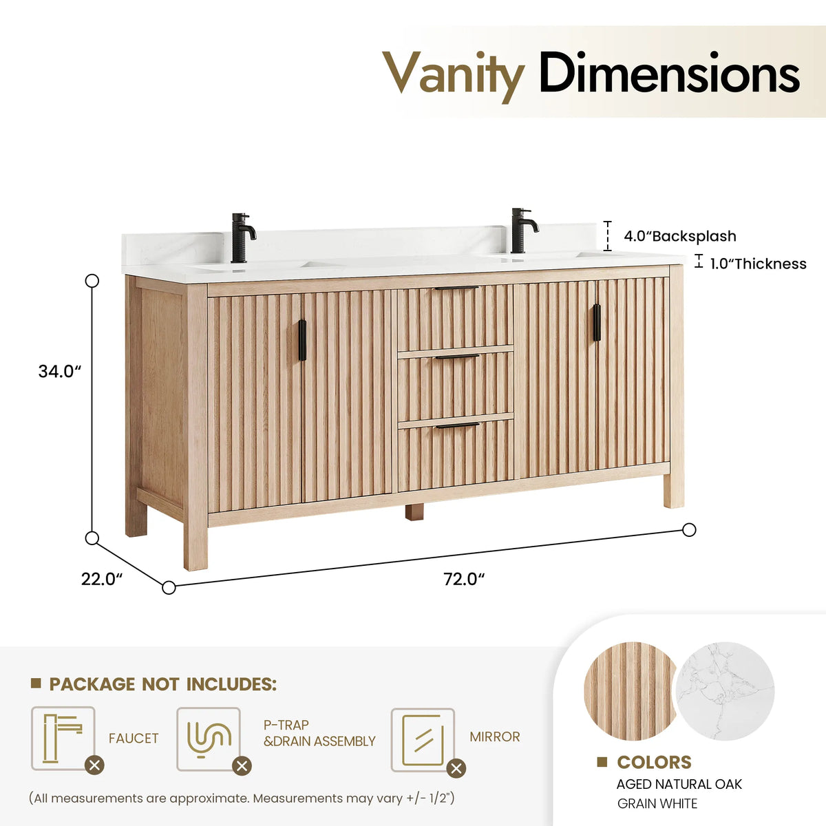 Size diagram for the 72-inch Aged Natural Oak cabinet: 72 by 22 by 34 inches (plumbing parts and mirrors not included)