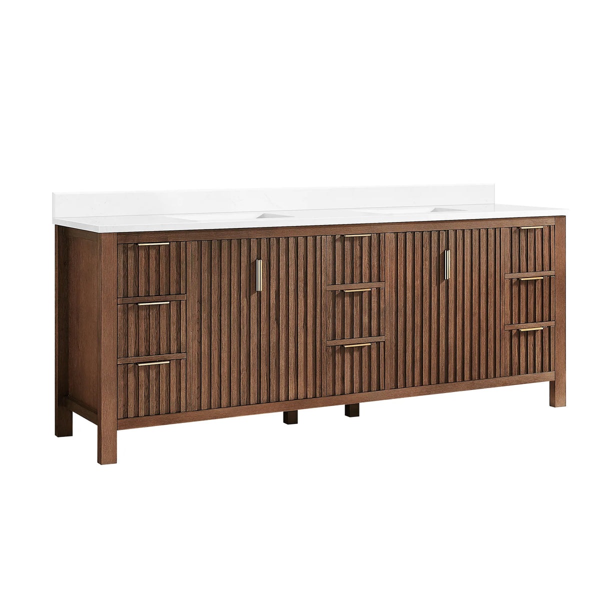 Plain white backdrop behind an 84-inch double bathroom vanity: Aged Dark Brown Oak cabinet, white composite stone countertop