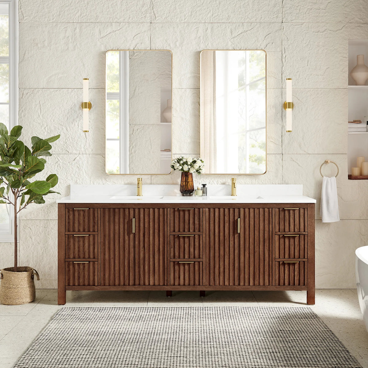 Staged room pairing two rectangular mirrors in gold frames with the 84-inch vanity in Aged Dark Brown Oak