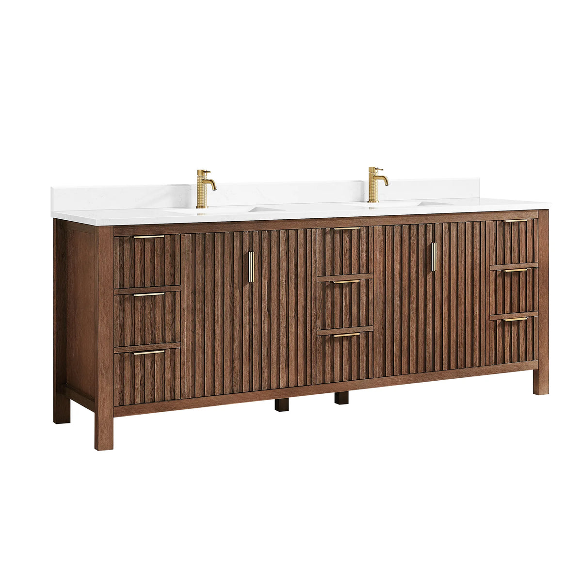 Faucet pictured is not included: 84-inch Aged Dark Brown Oak vanity, a wide front of doors and drawers