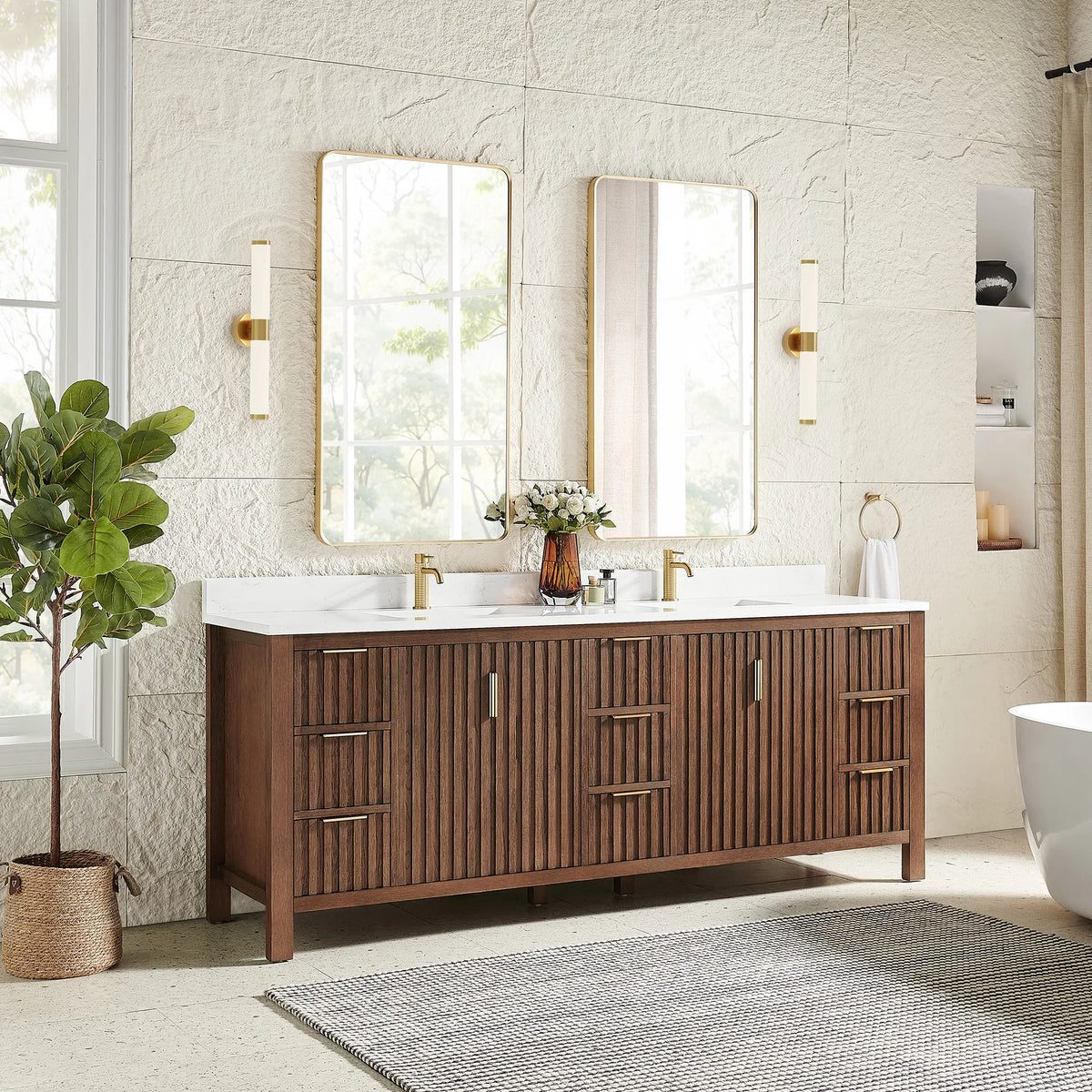 Second angle: 84-inch cabinet in Aged Dark Brown Oak with two rectangular mirrors in gold frames and a plant