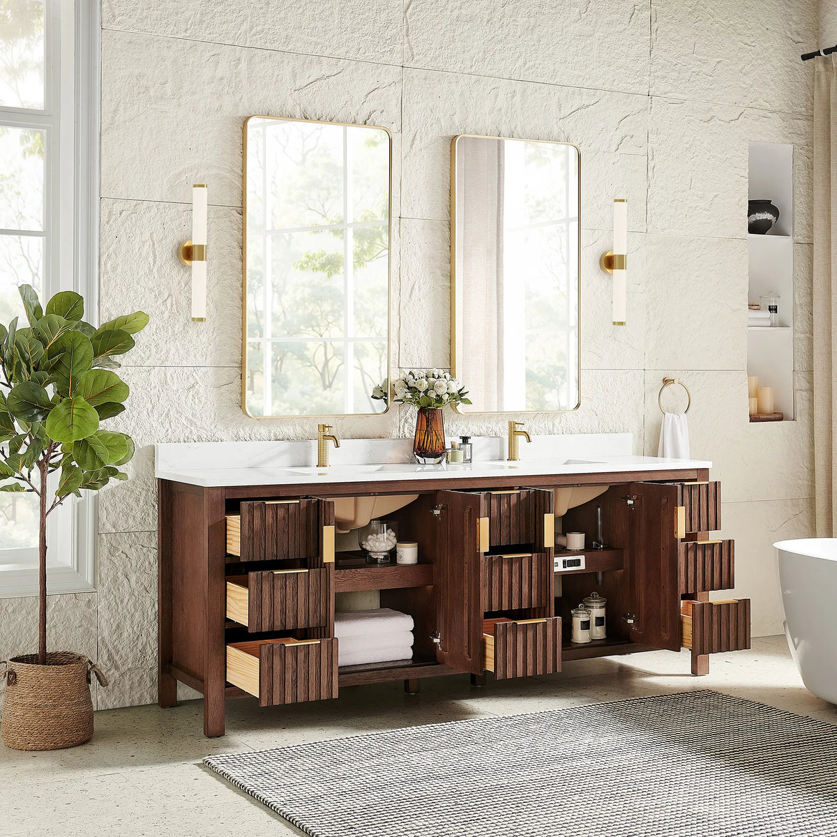 Inside storage in a staged room: doors and drawers open on the 84-inch Aged Dark Brown Oak cabinet