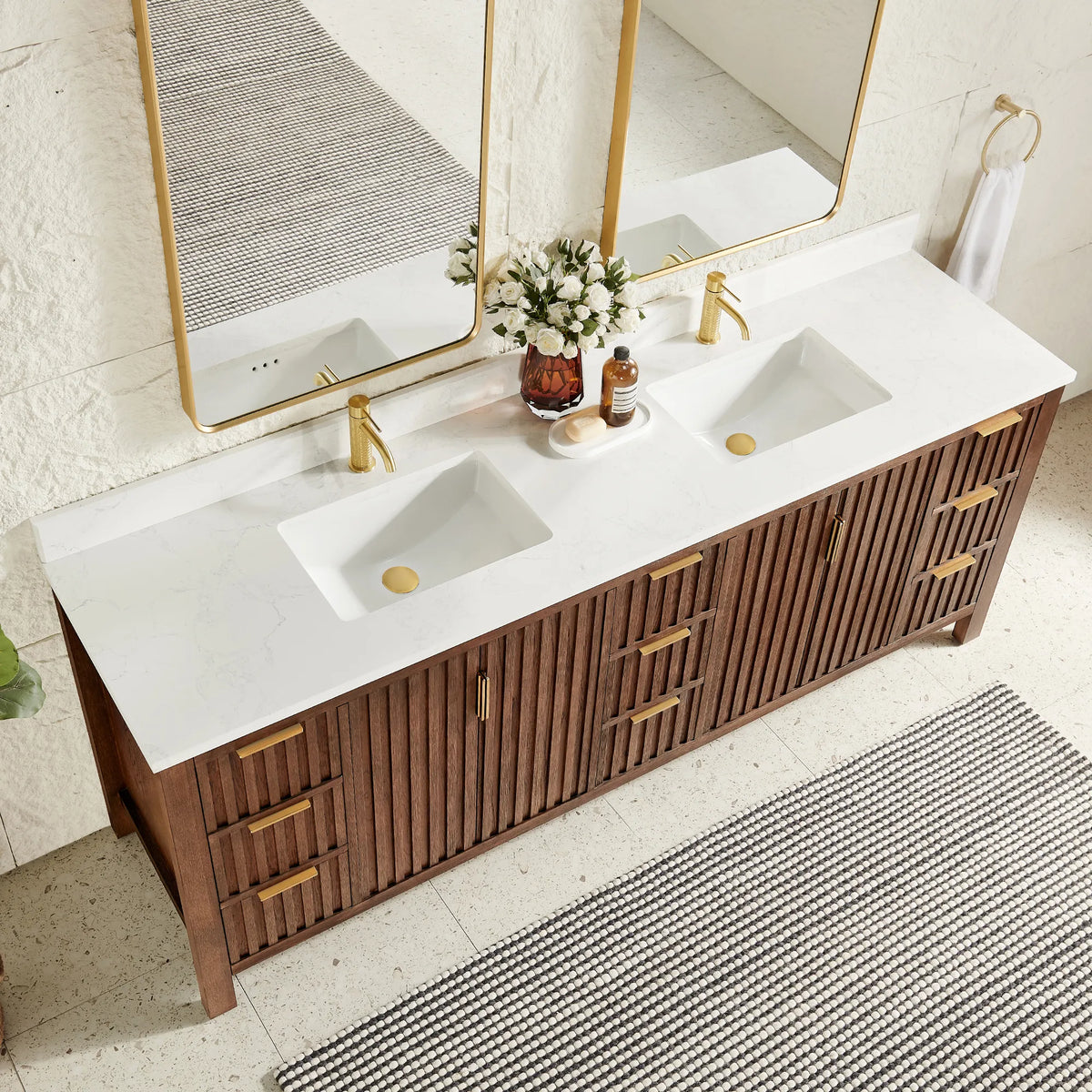 Top-down angle: a double sink top in white composite stone on the 84-inch Aged Dark Brown Oak cabinet