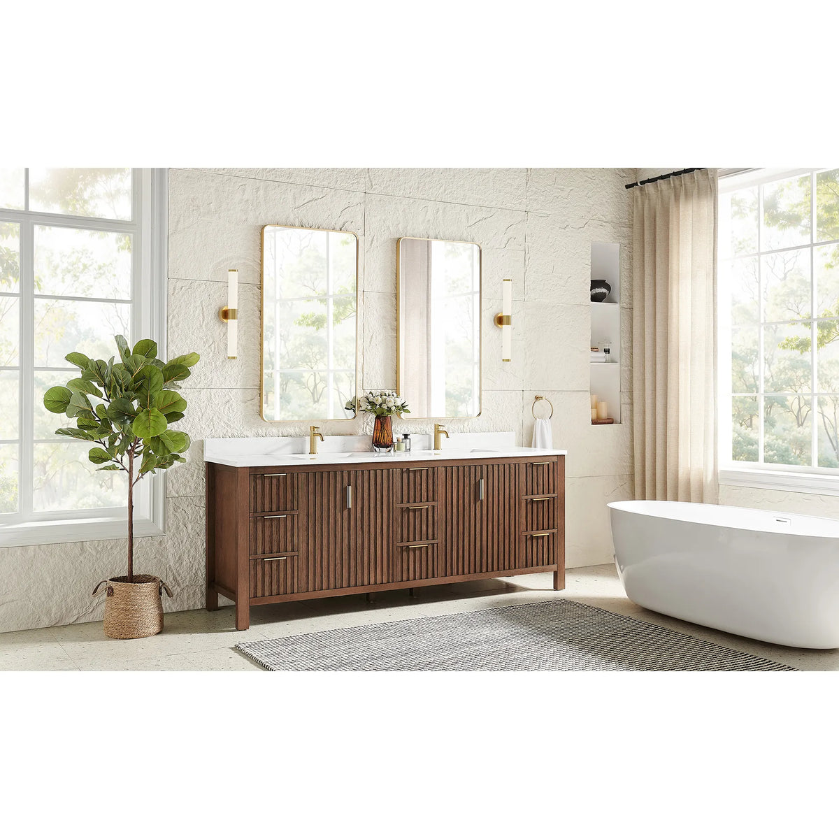Wide room shot with a tub and window light behind the 84-inch Aged Dark Brown Oak vanity