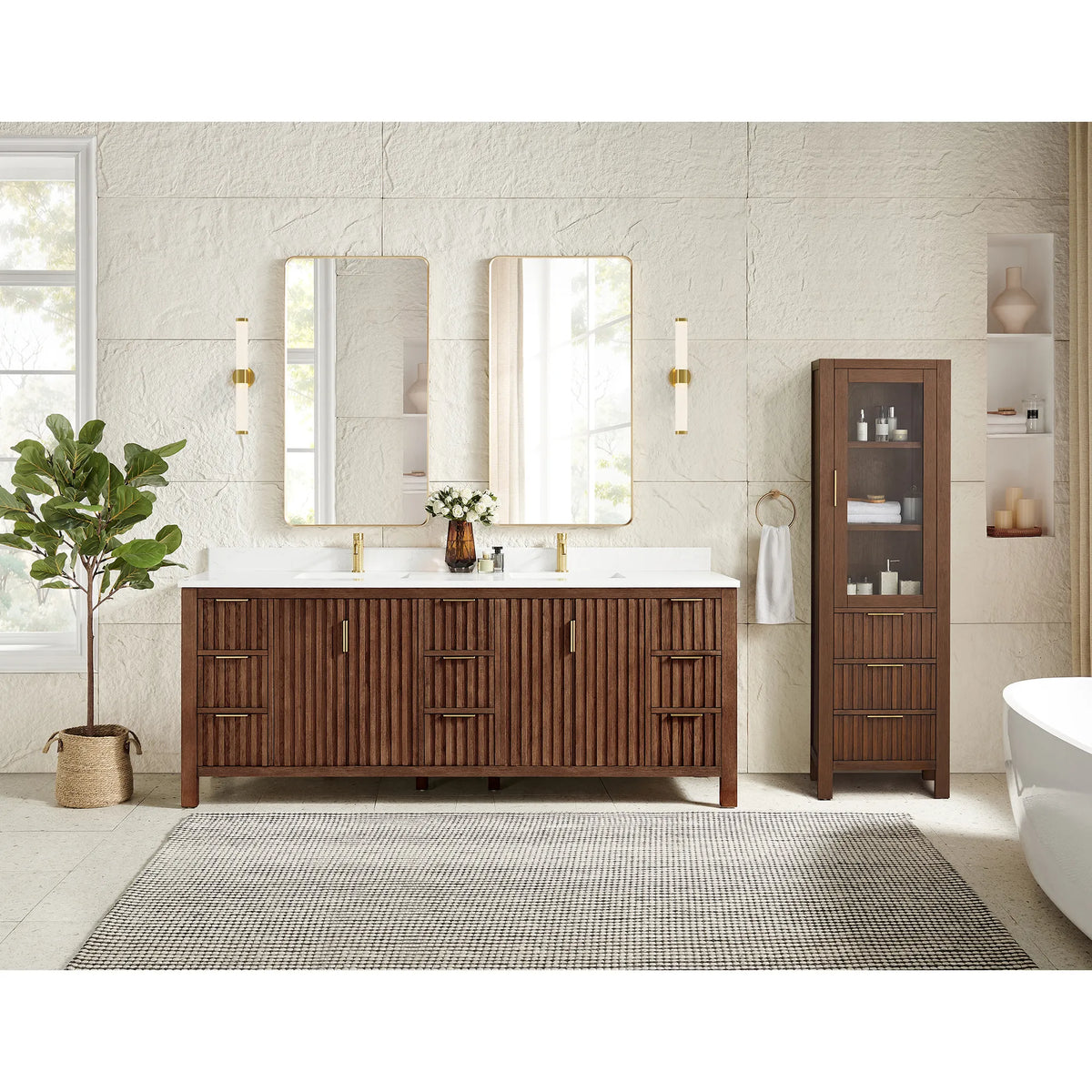 Tall cabinet with a see-through door beside the 84-inch Aged Dark Brown Oak vanity; the cabinet is not included