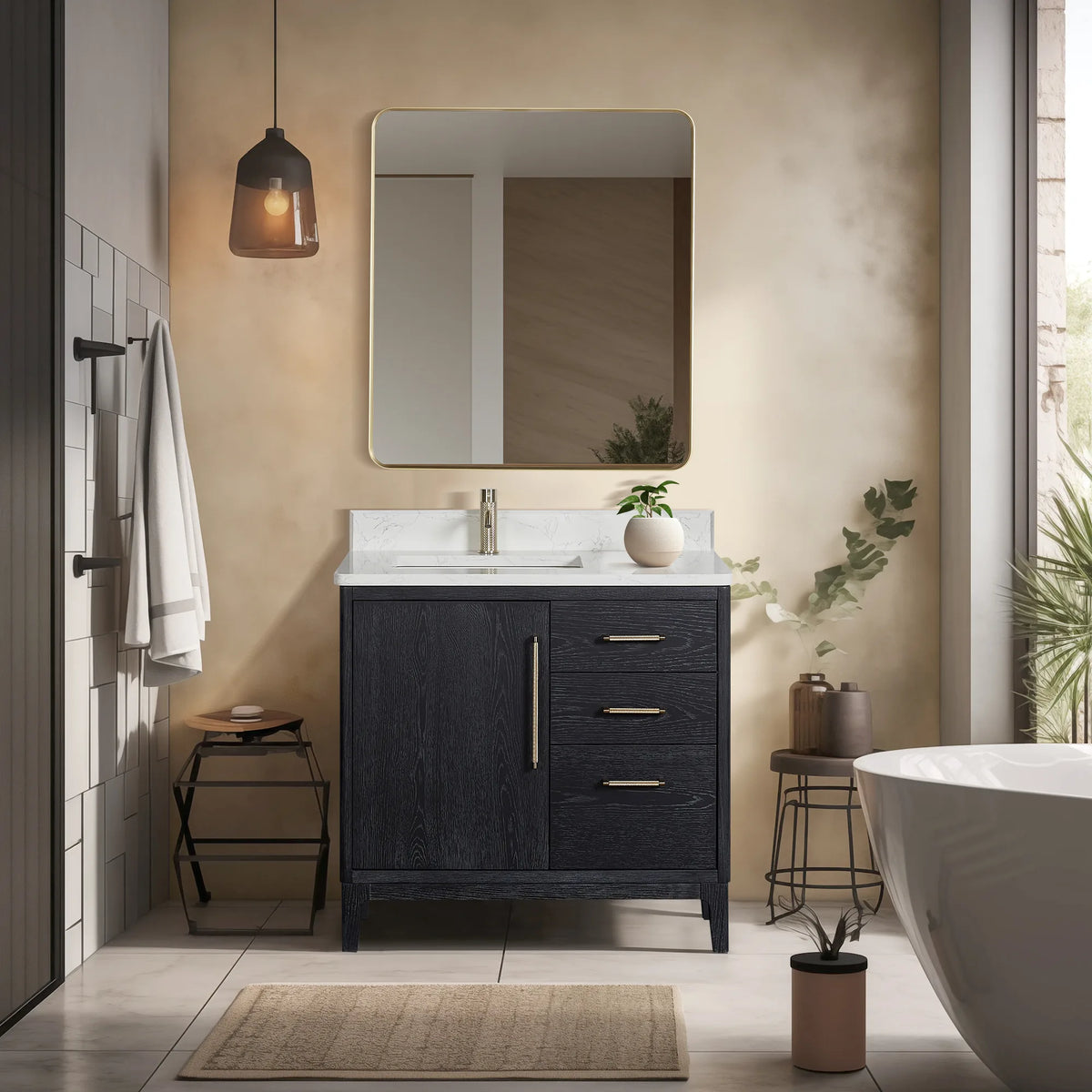 Lifestyle view, Fir Wood Black vanity with White Grain composite stone top; a softly lit bath