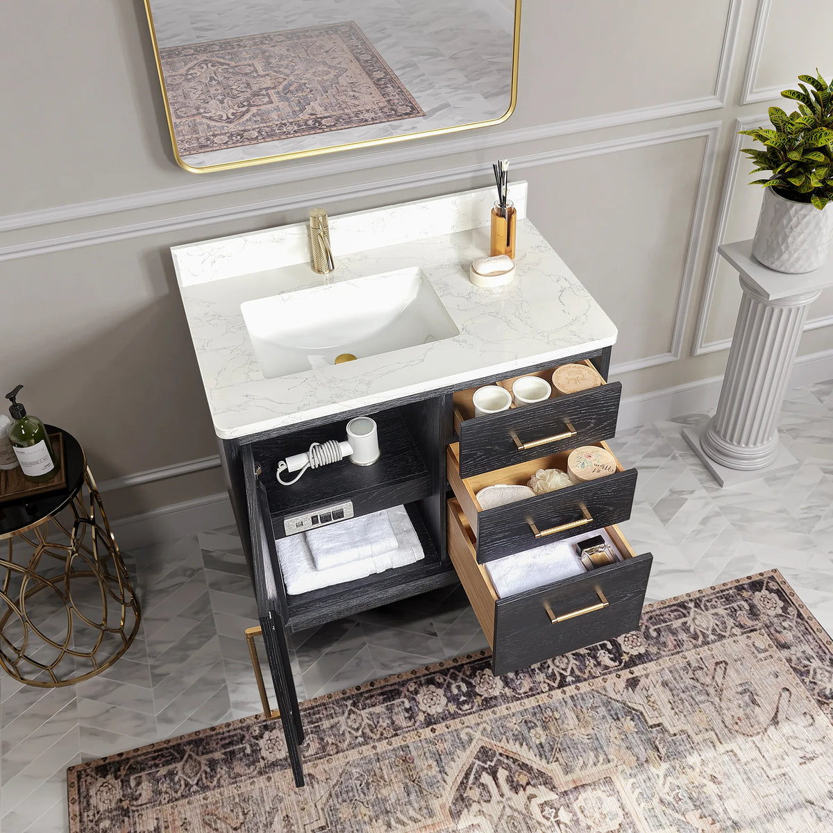 Drawers pulled out and doors swung open on the Fir Wood Black vanity; a bath with a patterned rug