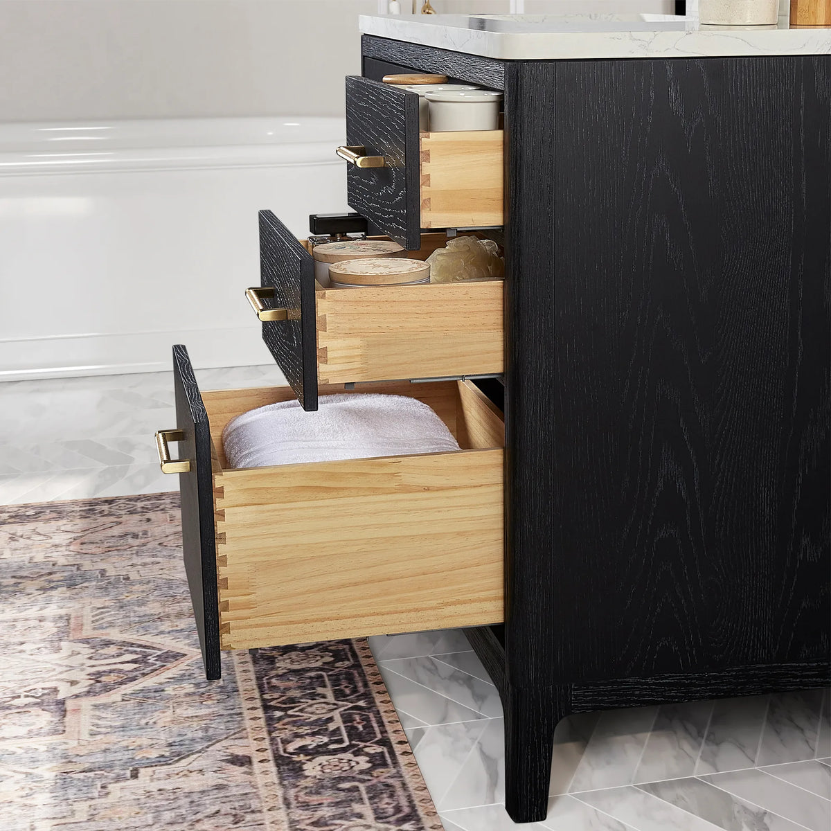Drawers pulled out to show the storage space in the Fir Wood Black vanity
