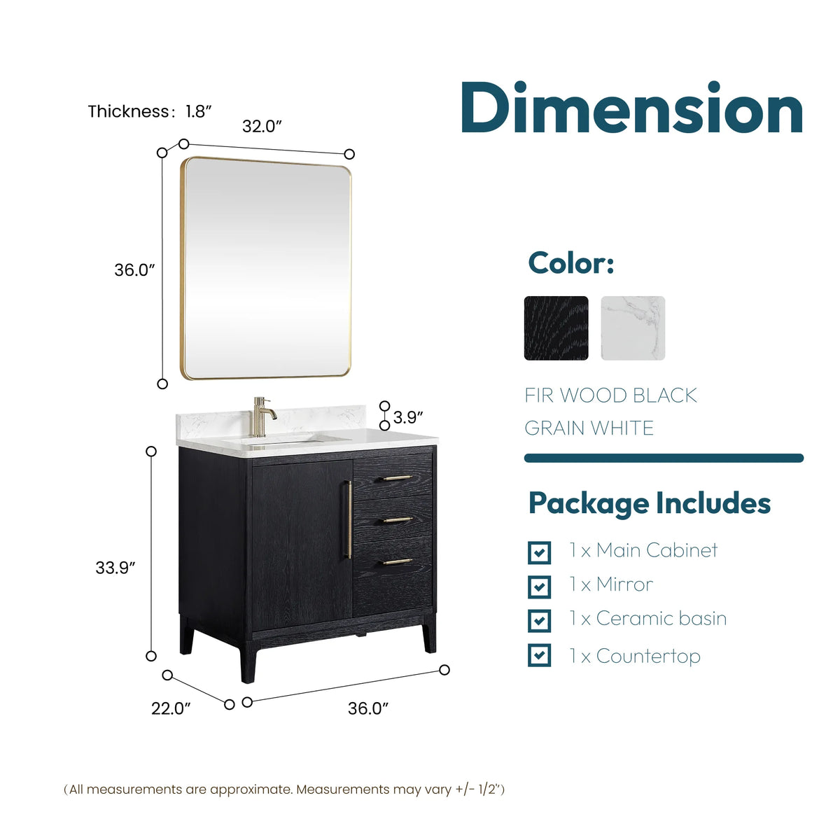 Size diagram of the 36-inch single vanity and its rectangular wall mirror