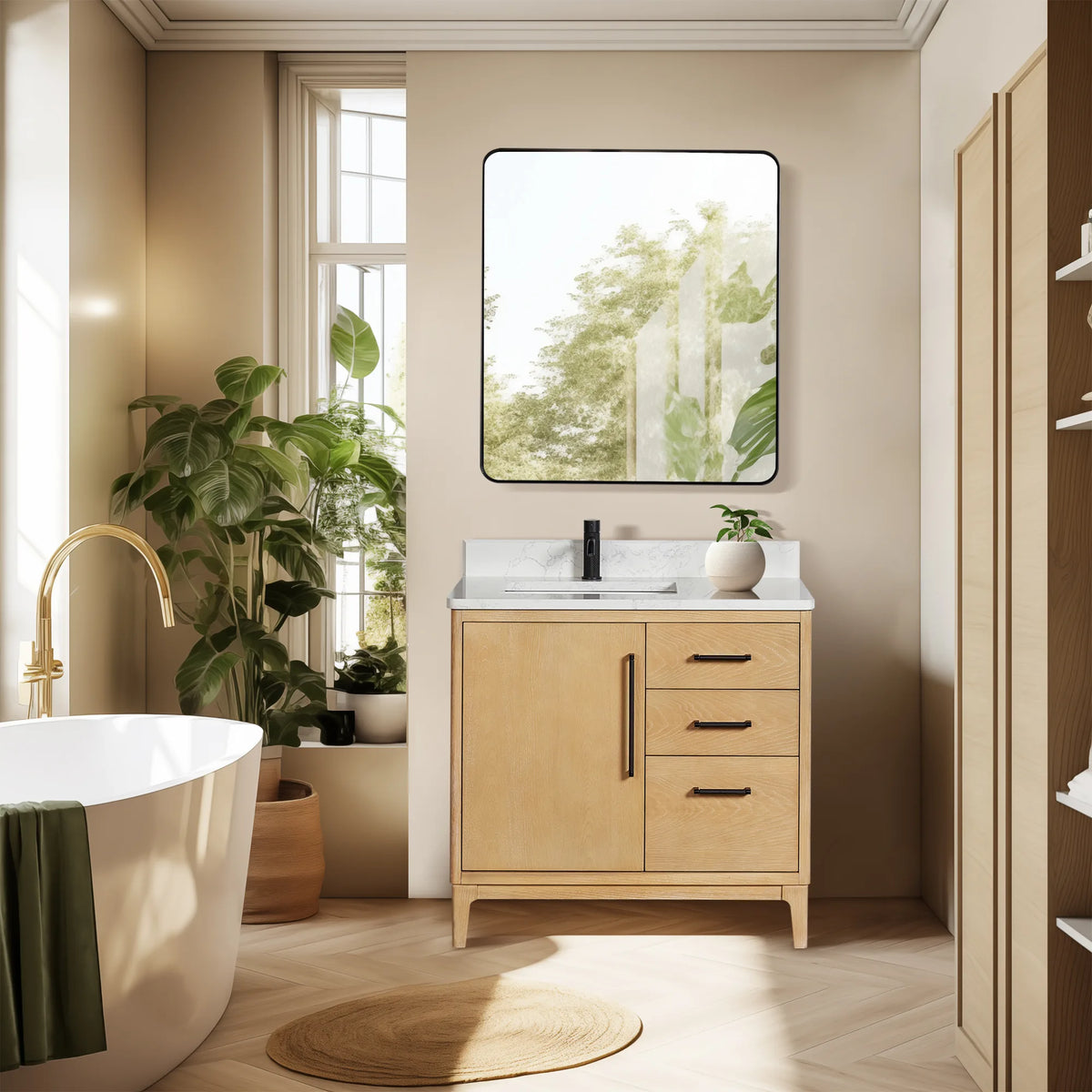 Wide shot of the Natural Wood cabinet and a rectangular wall mirror in a daylit bath