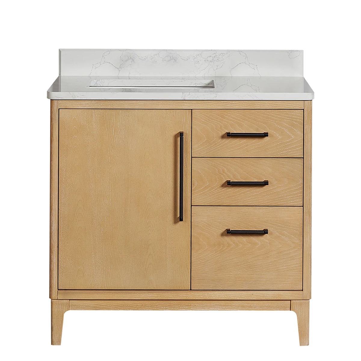 Straight-on view of the vanity with a faucet fitted; faucet not included