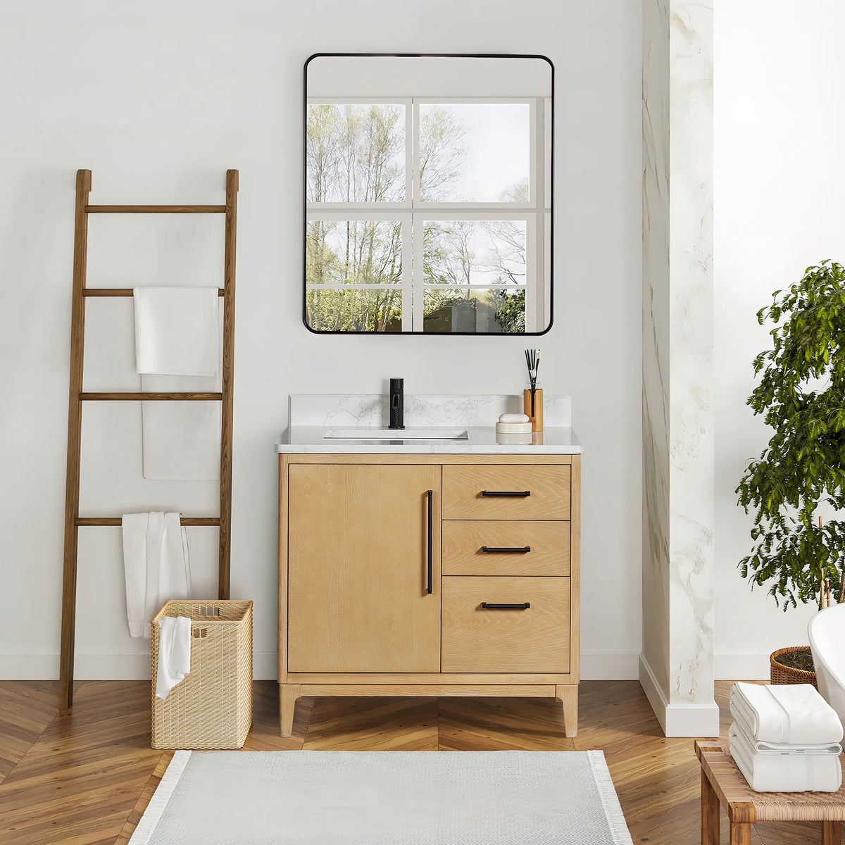 Staged view of the Natural Wood cabinet with a rectangular wall mirror over it