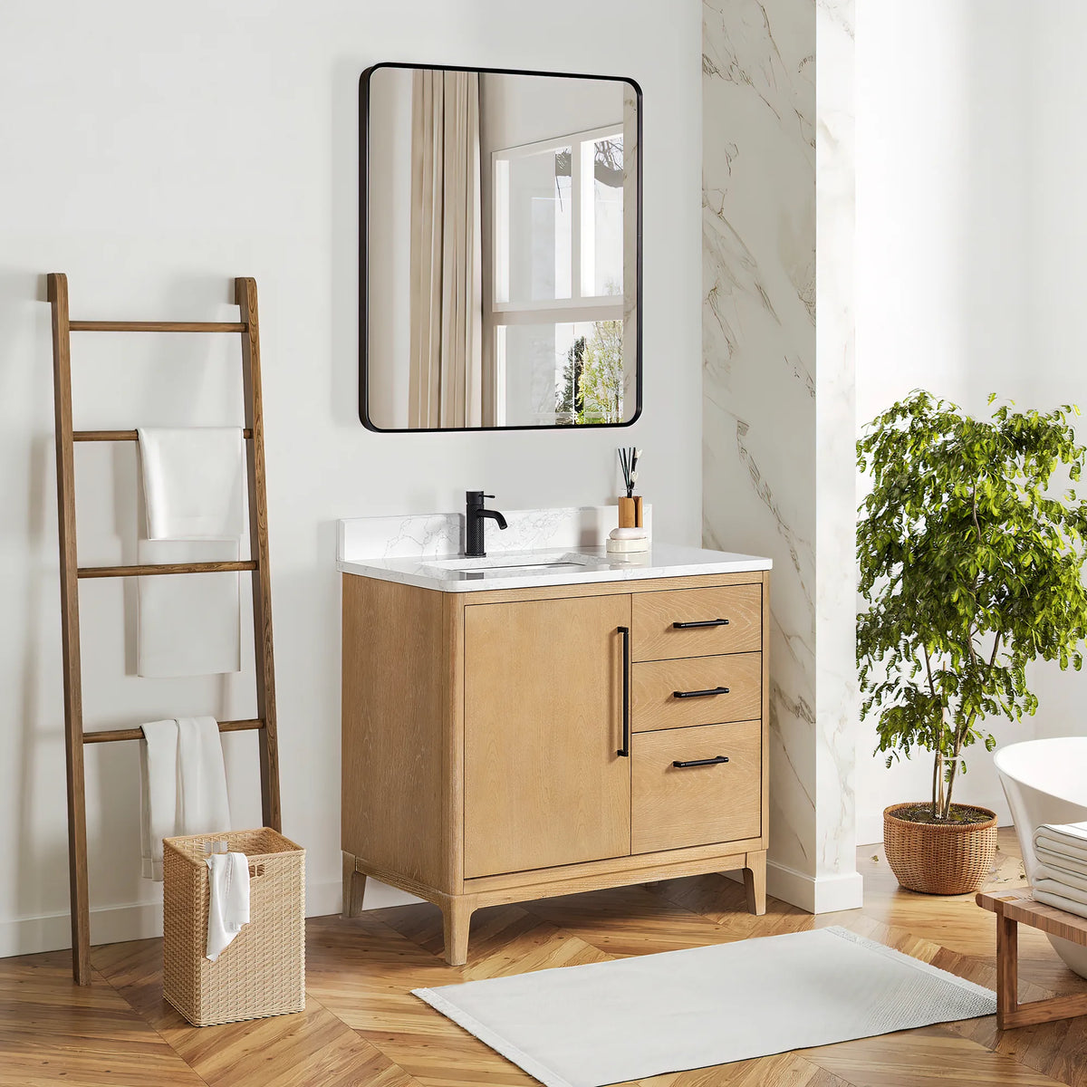 A bath with a leaning ladder and wood flooring: 36-inch single vanity in Natural Wood under a rectangular wall mirror