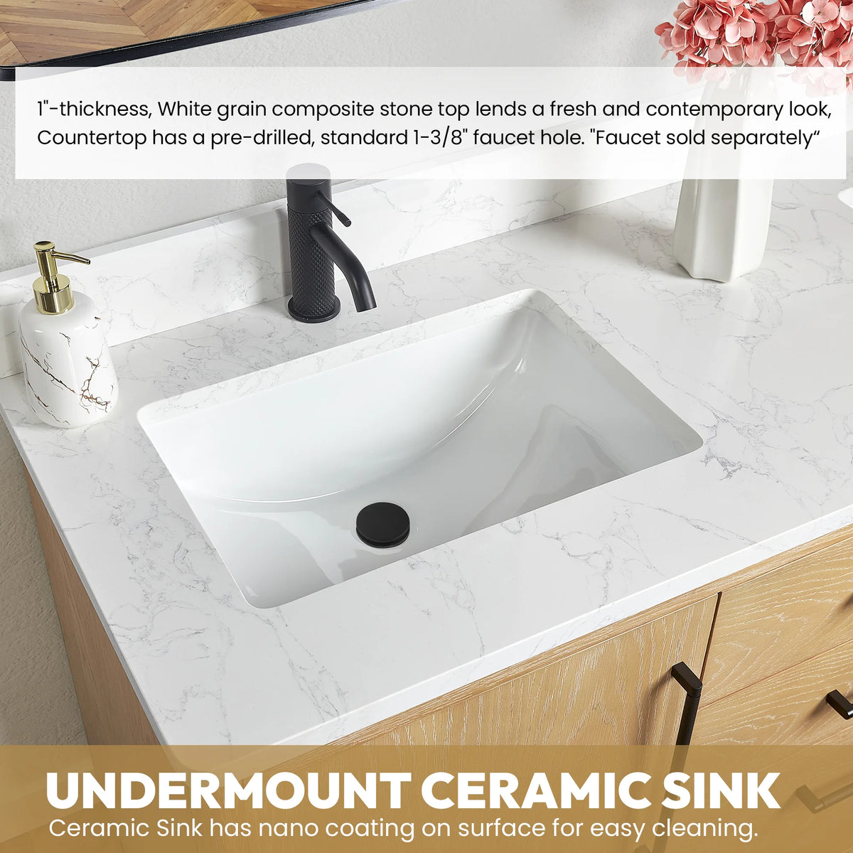 Undermount ceramic sink with a nano-coated surface; the faucet shown is not included