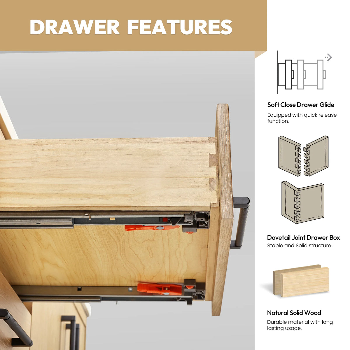 Drawer construction callouts: dovetail corners and soft-close slides