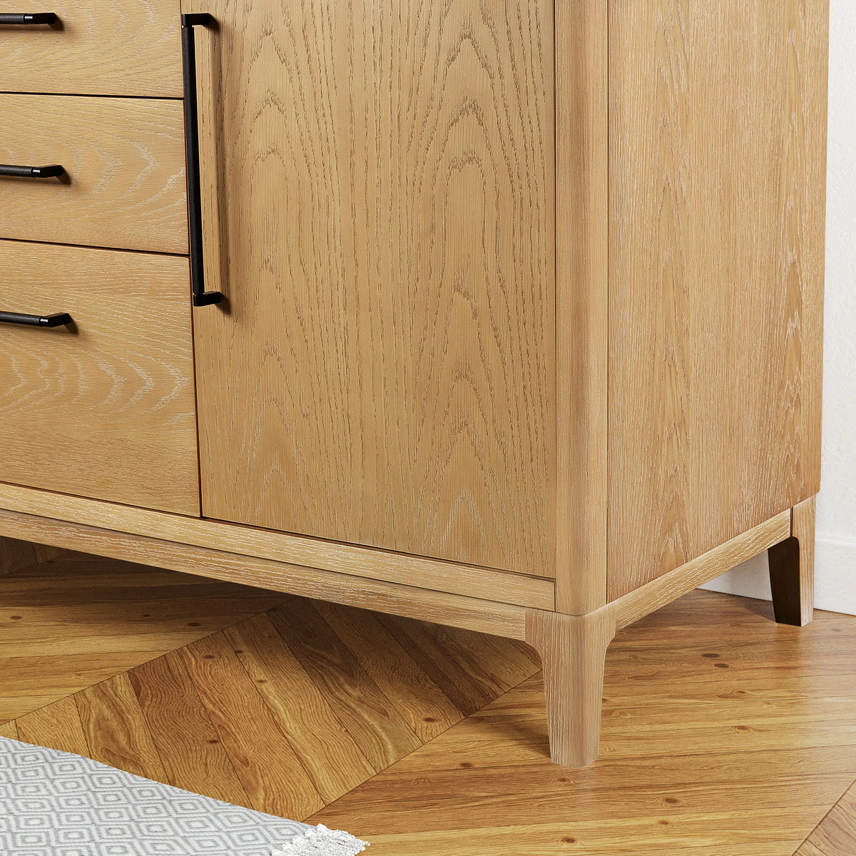 Leg and side panel of the 36-inch cabinet at floor level