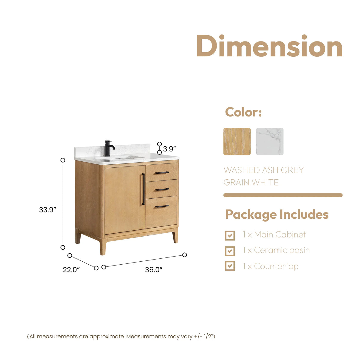Size diagram for the 36-inch single vanity, 36 x 22 x 33.9 inches with top