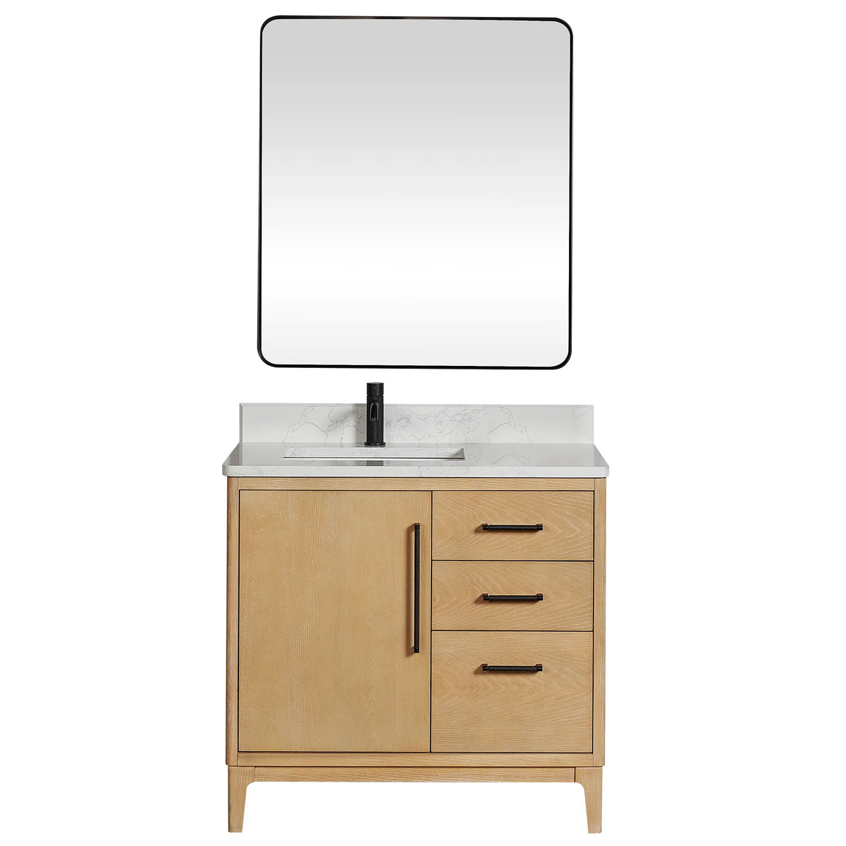 Natural Wood single vanity topped by a rectangular wall mirror, plain white background