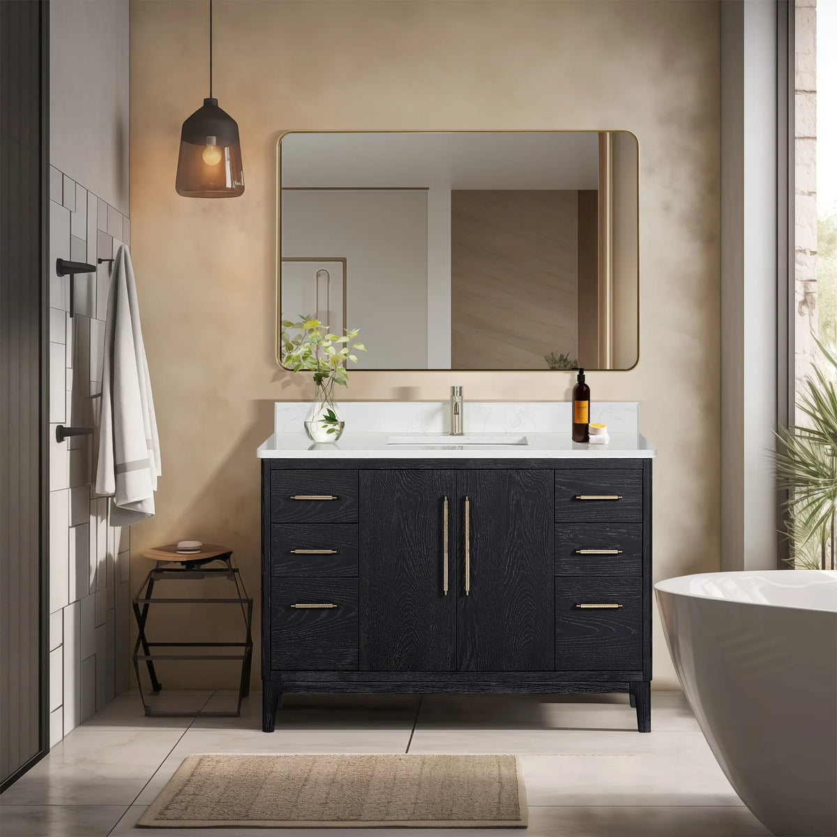 A softly lit bath: 48-inch single vanity in Fir Wood Black under a rectangular wall mirror
