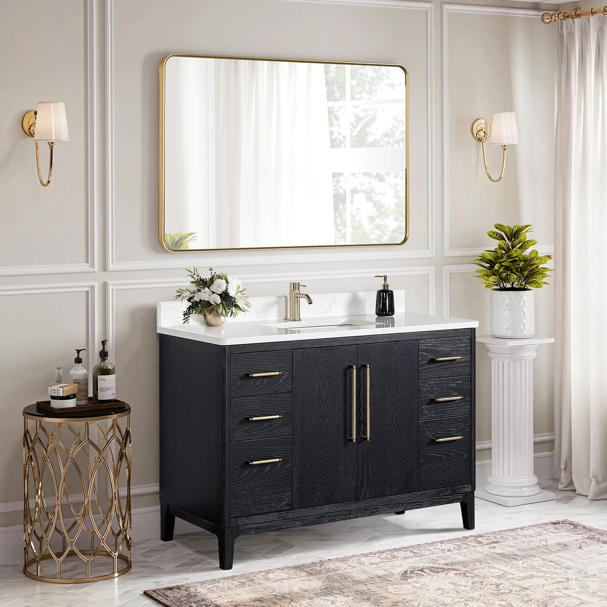 Lifestyle view, Fir Wood Black vanity with White Grain composite stone top; a bath with paneled walls and wall sconces