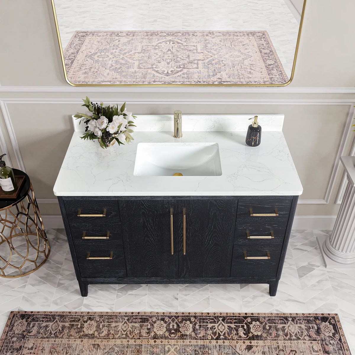 Tighter framing on the Fir Wood Black cabinet and its top; a bath with a patterned rug