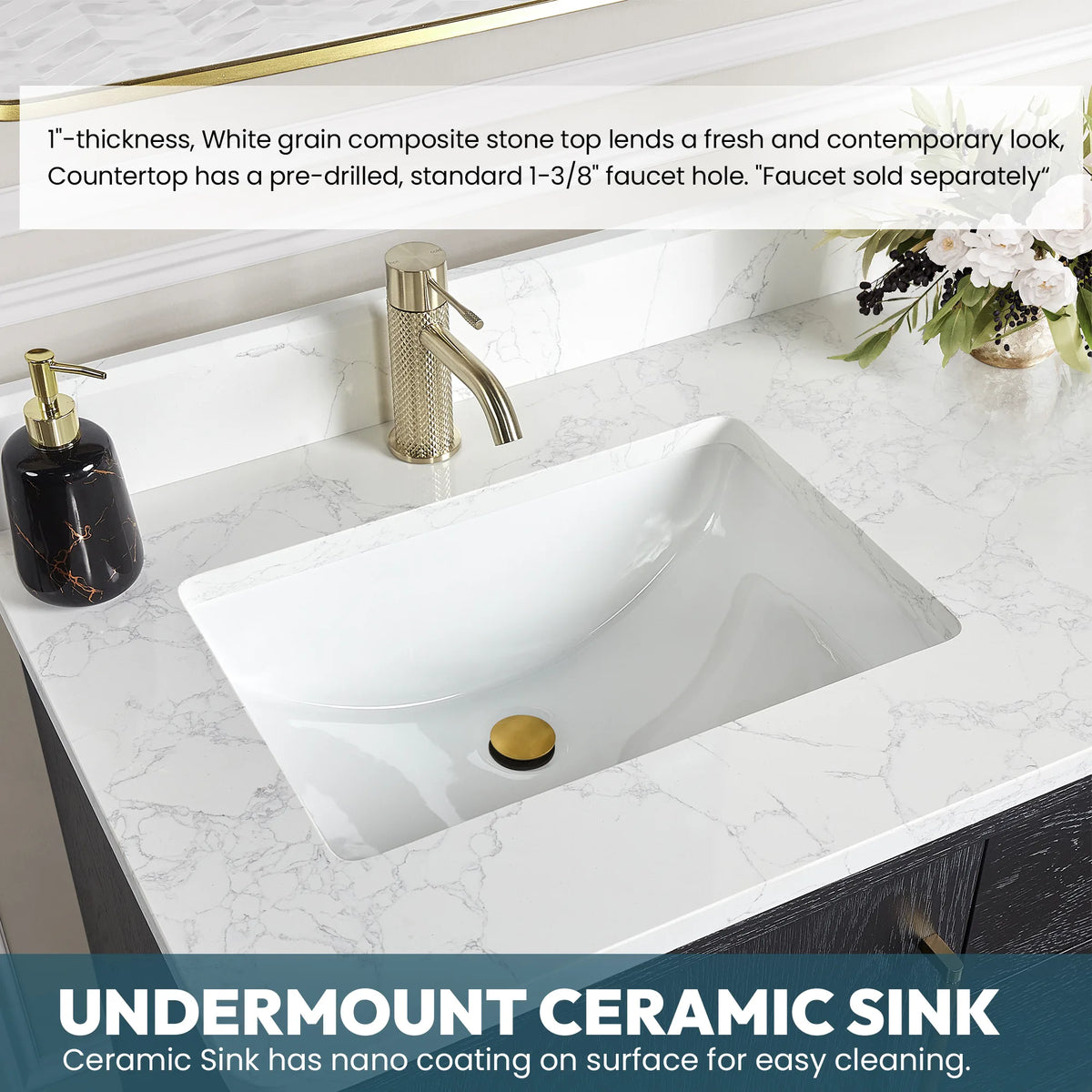 Undermount ceramic basin set in the White Grain composite stone top, drain and fitted faucet in view