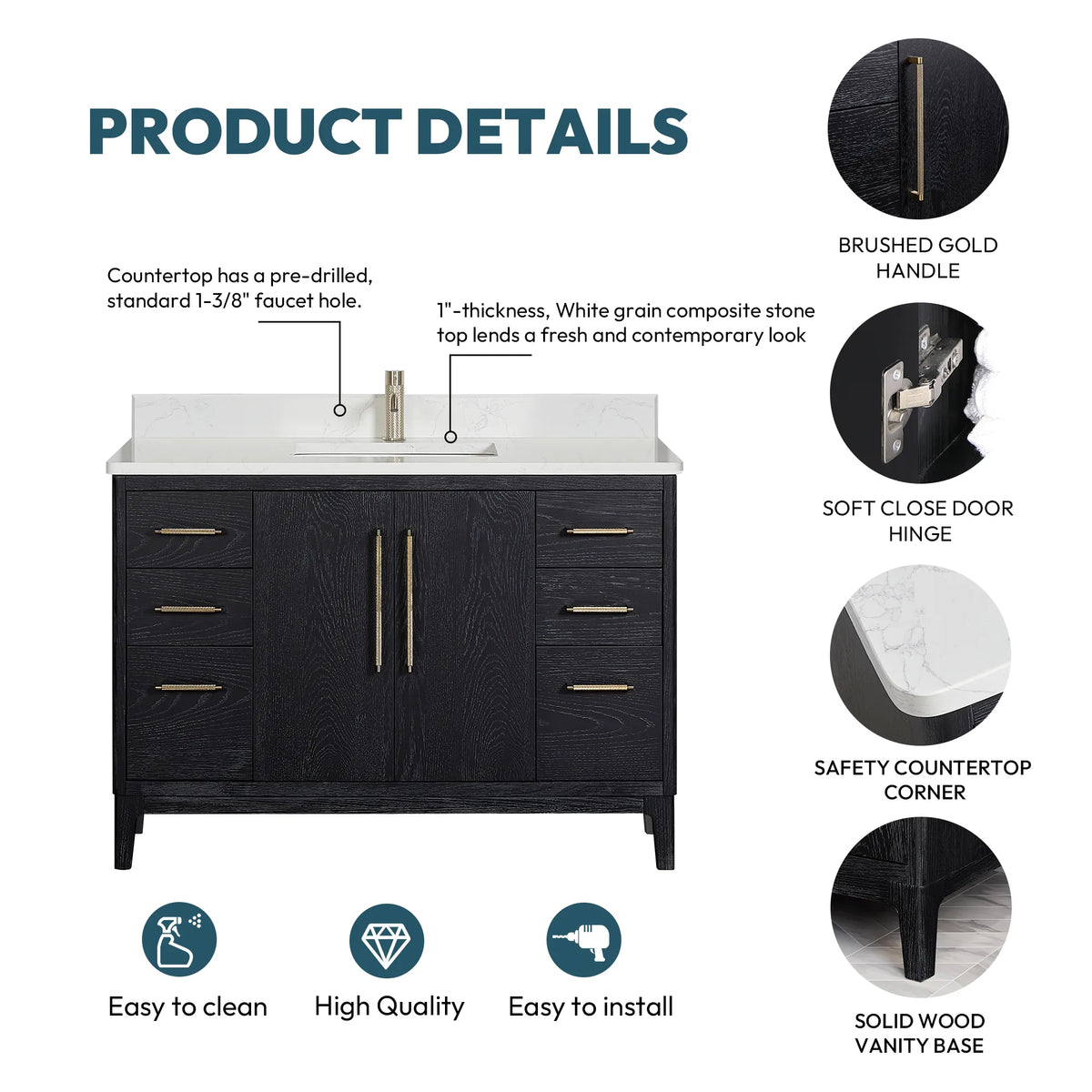 Product details graphic labeling brushed gold handle, safety countertop corner and solid wood base