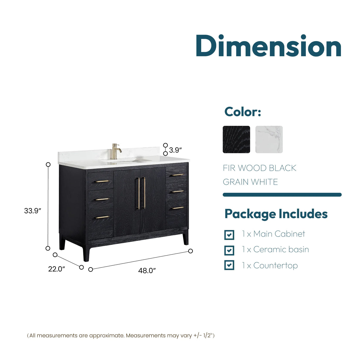 Size diagram for the 48-inch single vanity, 48 x 22 x 33.9 inches with top