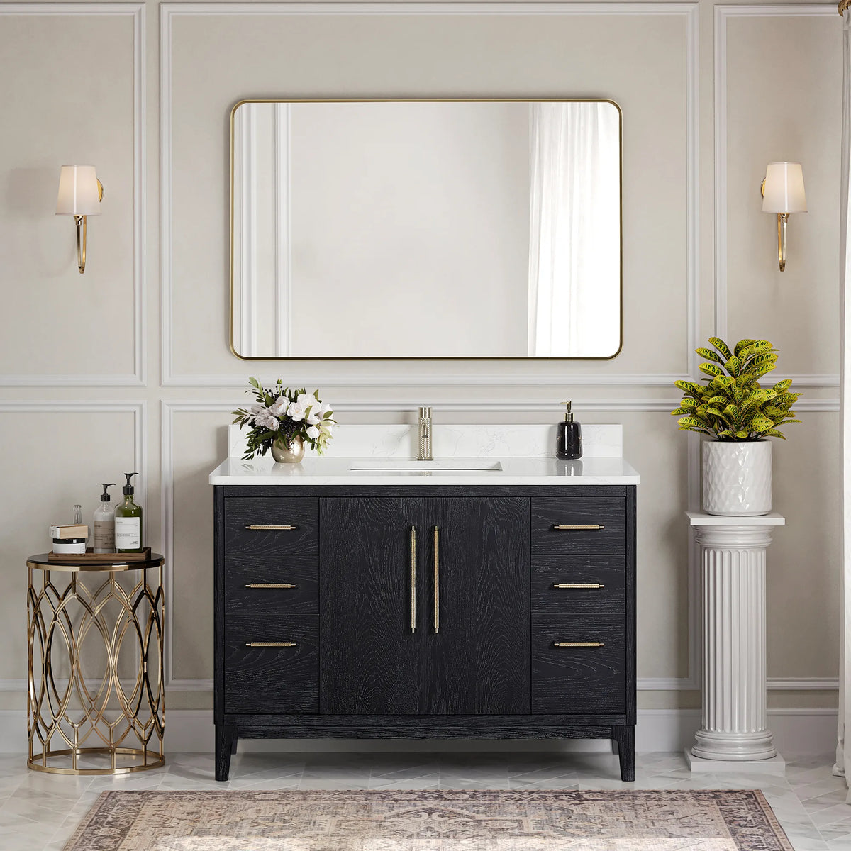 A bath with paneled walls and wall sconces: 48-inch single vanity in Fir Wood Black under a rectangular wall mirror