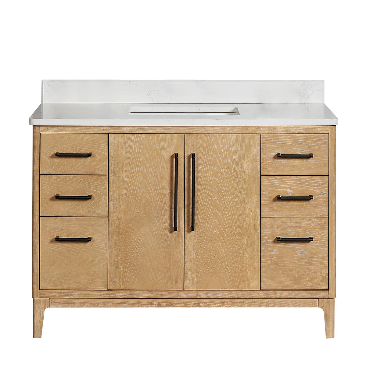 48-inch Natural Wood single bathroom vanity with White Grain composite stone top, studio front view