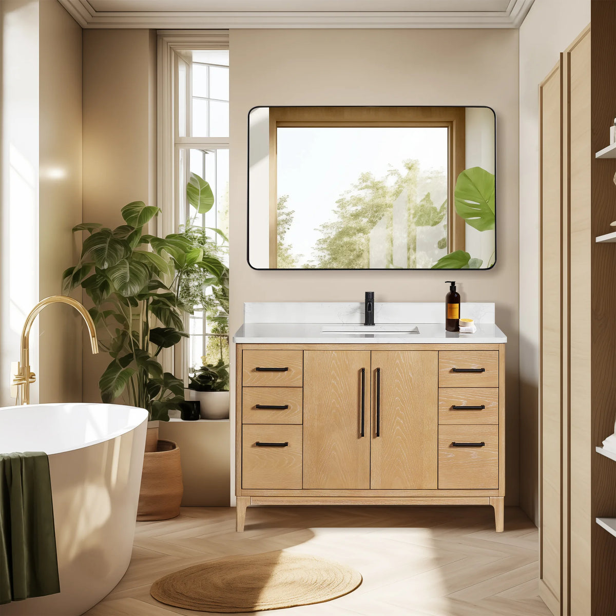 Wide shot of the Natural Wood cabinet and a rectangular wall mirror in a daylit bath