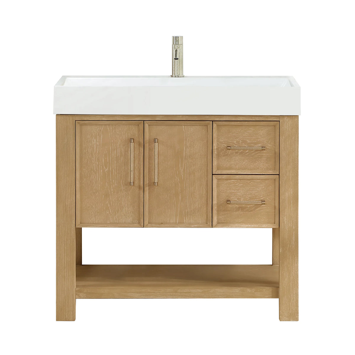 Washed Ash Grey freestanding 36-inch single bathroom vanity, brushed gold pulls, white sink top