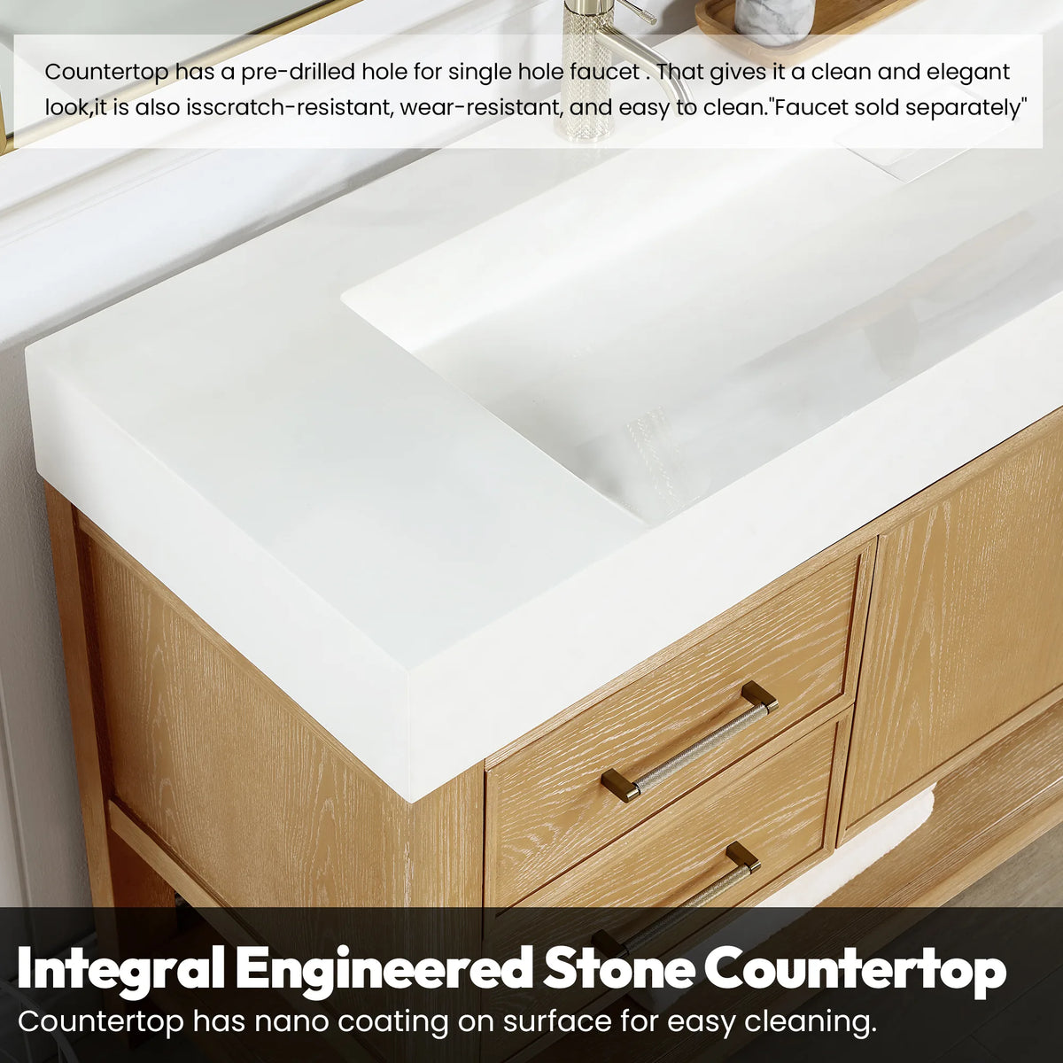Sink top corner and drawer front, detail of the white integrated basin, 36-inch model