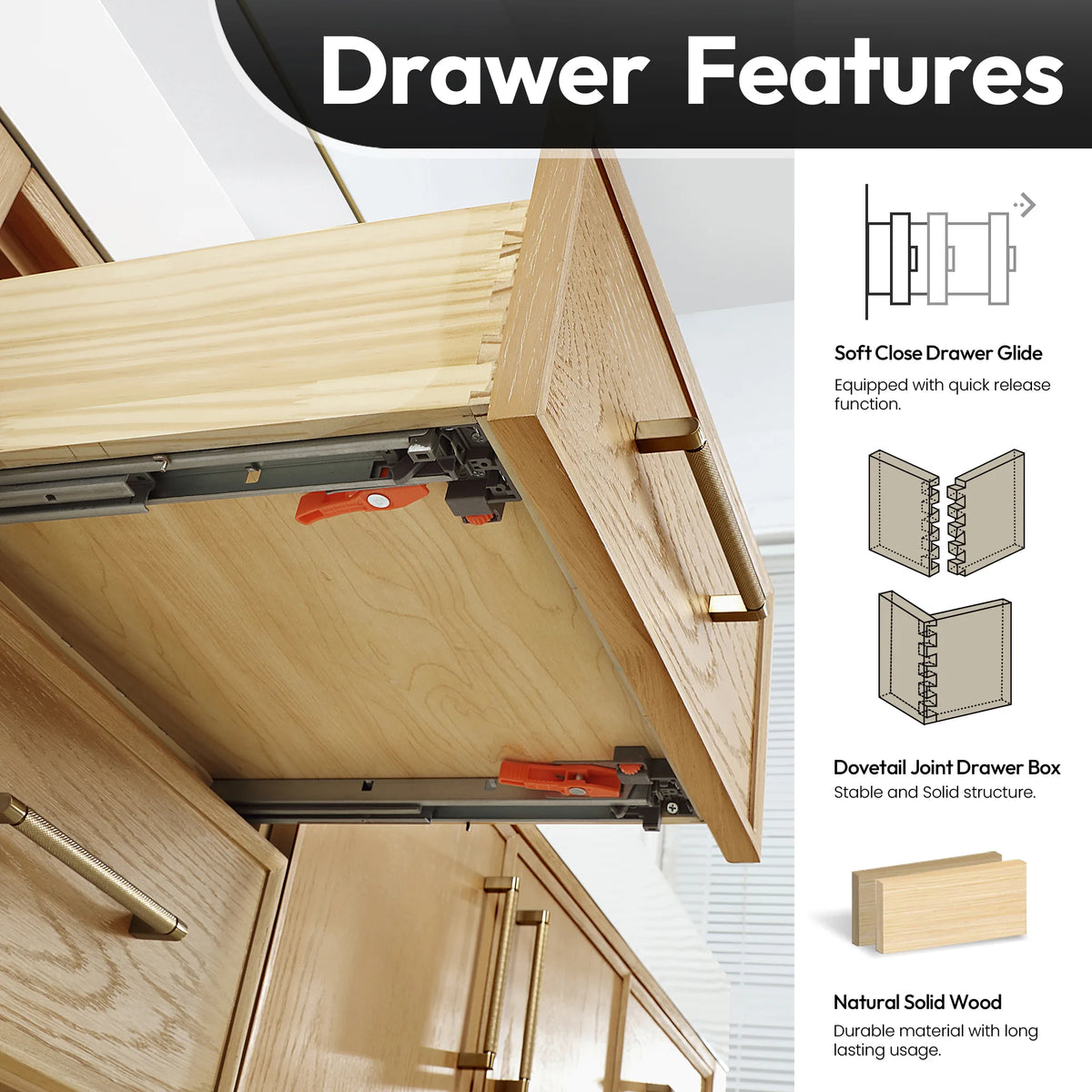 Open drawer showing glides and a dovetail box, with feature callouts at right, 36-inch model